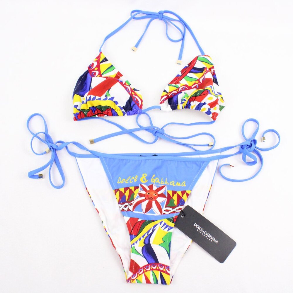NWT Dolce & Gabbana Carretto-Print Self-Tie Triangle Bikini Top & Bottom (L)
